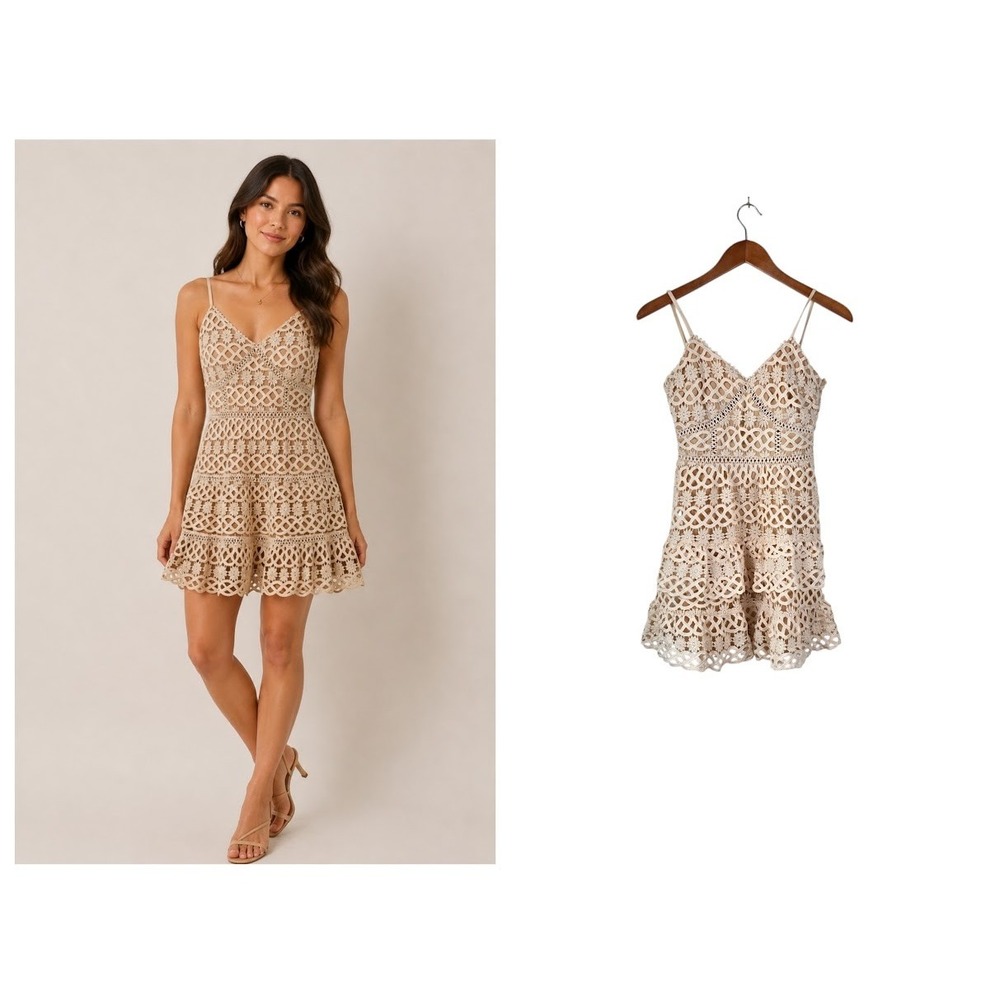 Lulus Crochet Mini Dress Womens XS Beige Lace Tiered Boho Cocktail
